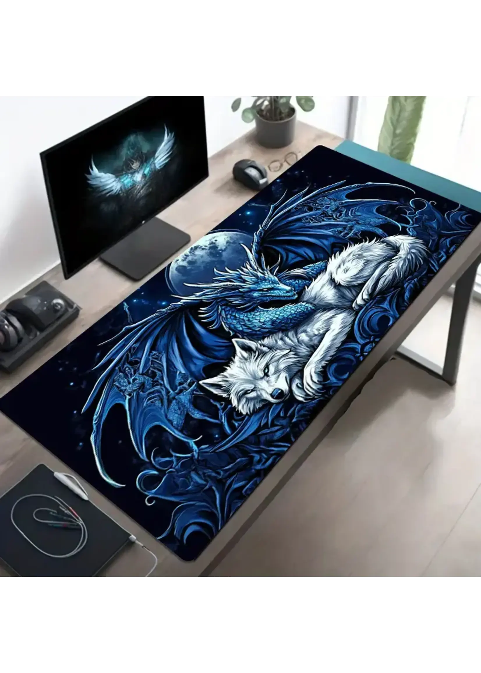Mouse Pad 23.6x11.8 Inch Fantasy Wolf & Dragon