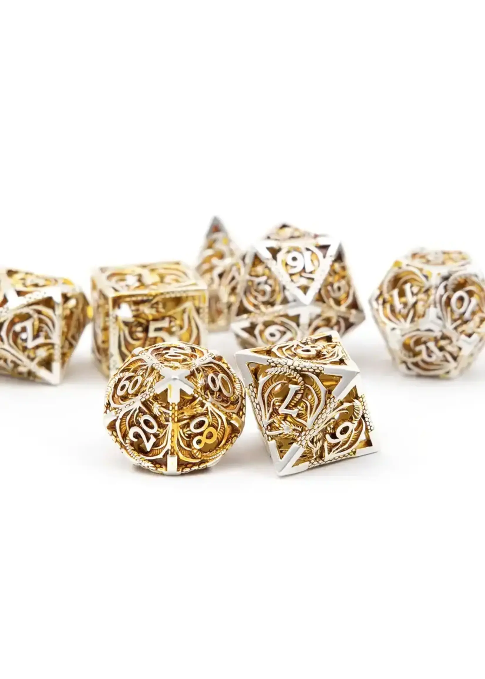 Dice RPG 7pc Hollow Metal Gold & White Dragon
