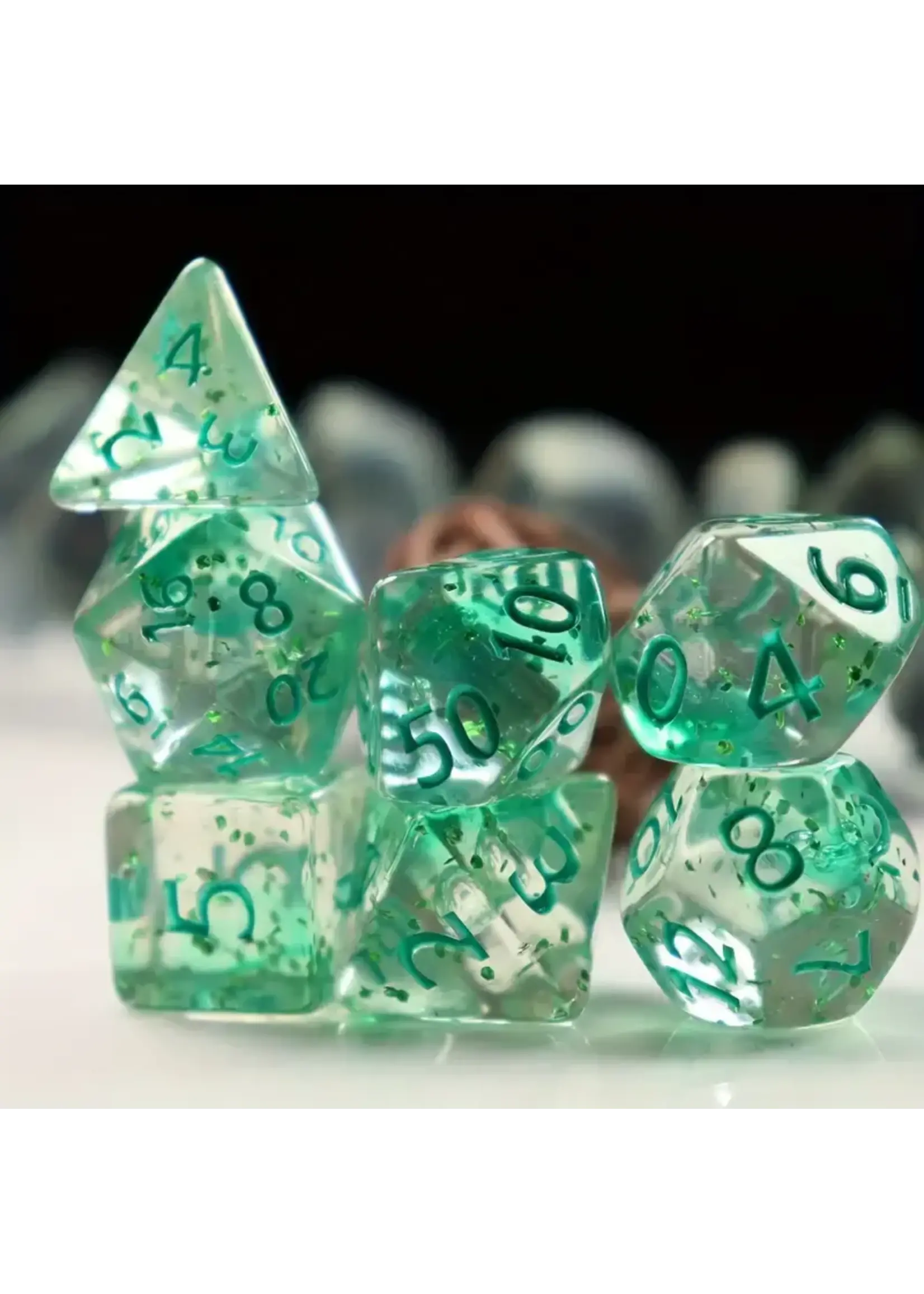 Dice RPG 7pc Transparent Green with Foil Flakes