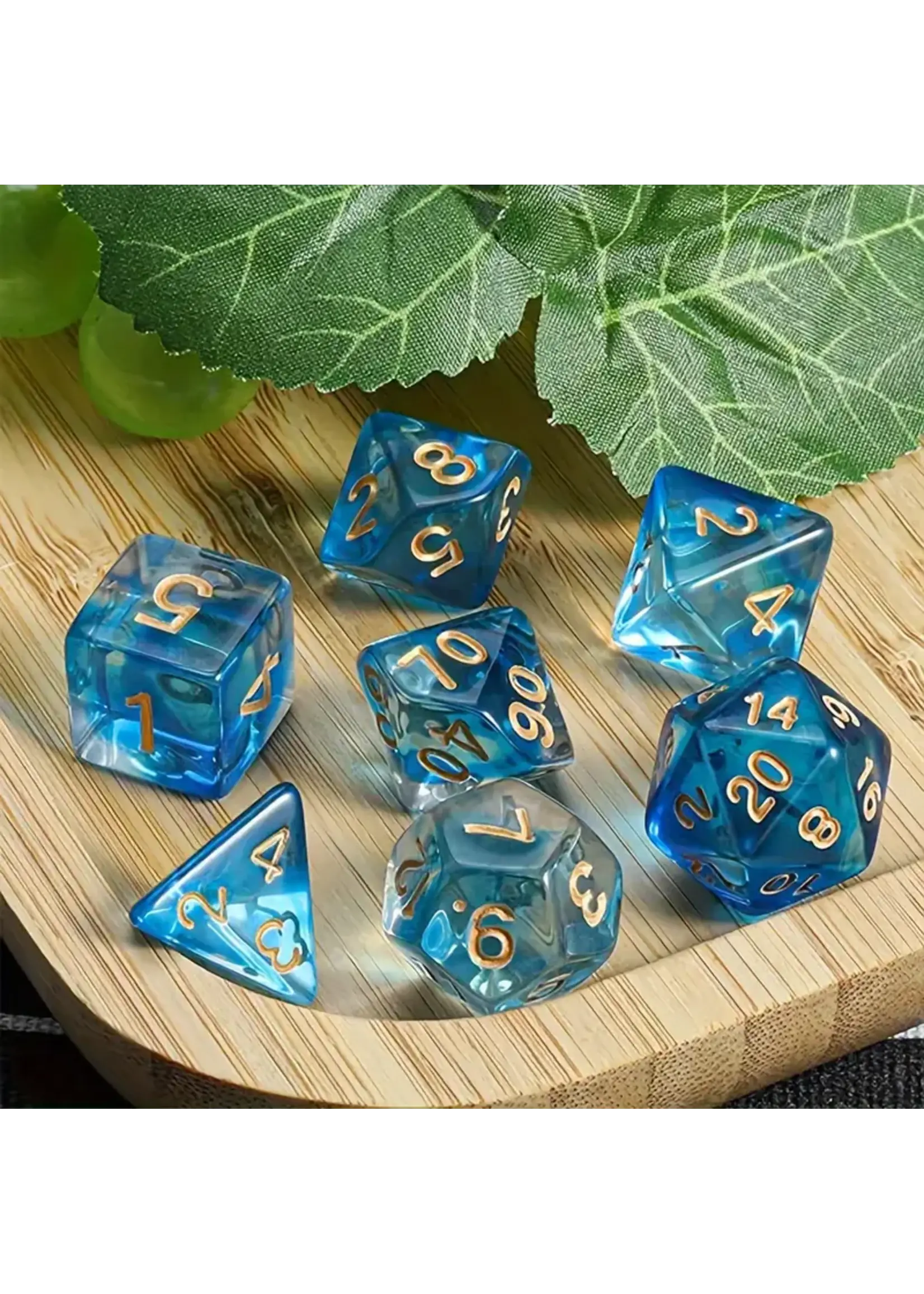 Dice RPG 7pc Transparent Blue Golden