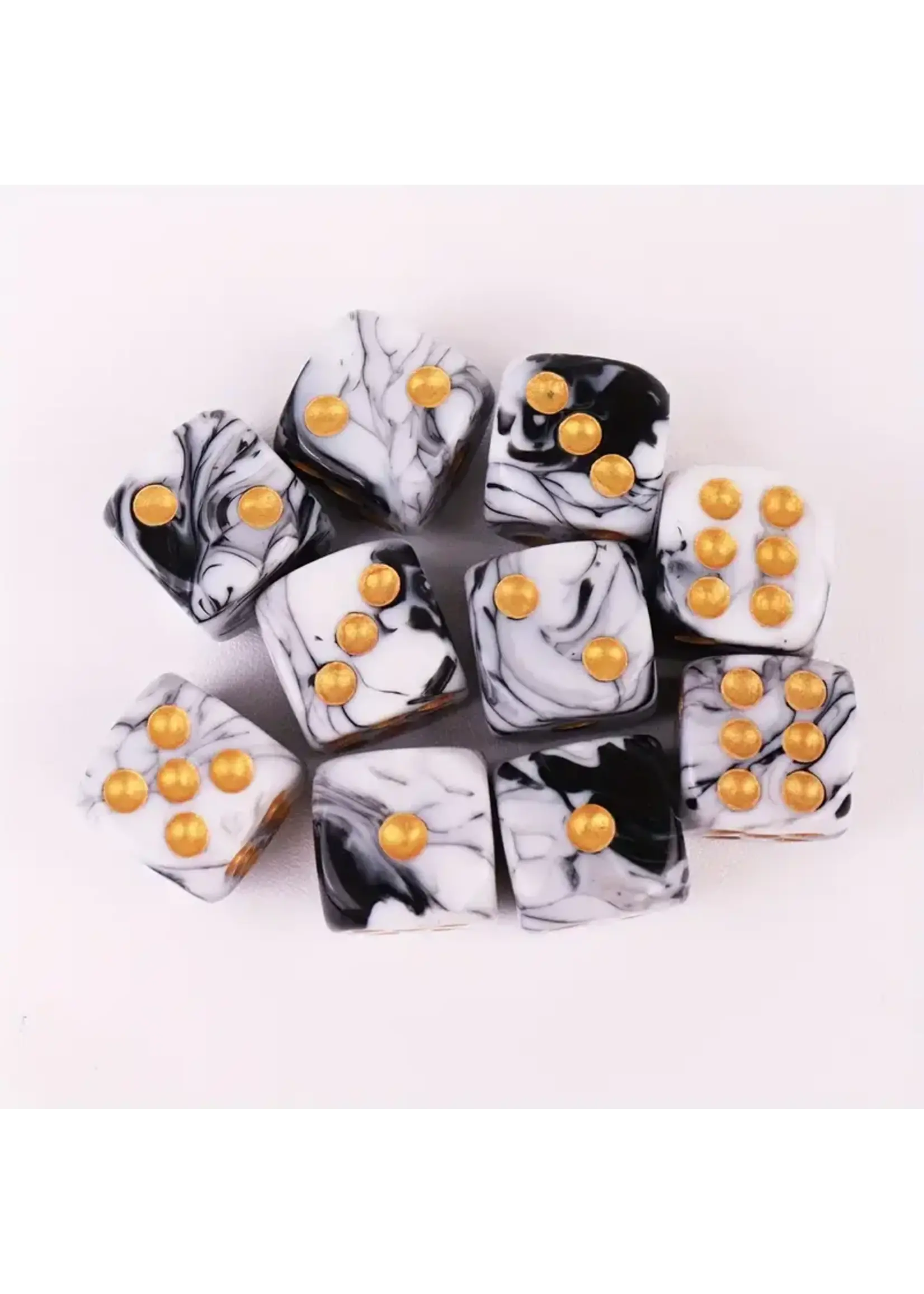 Dice 16mm 10pc Marble Black White Gold
