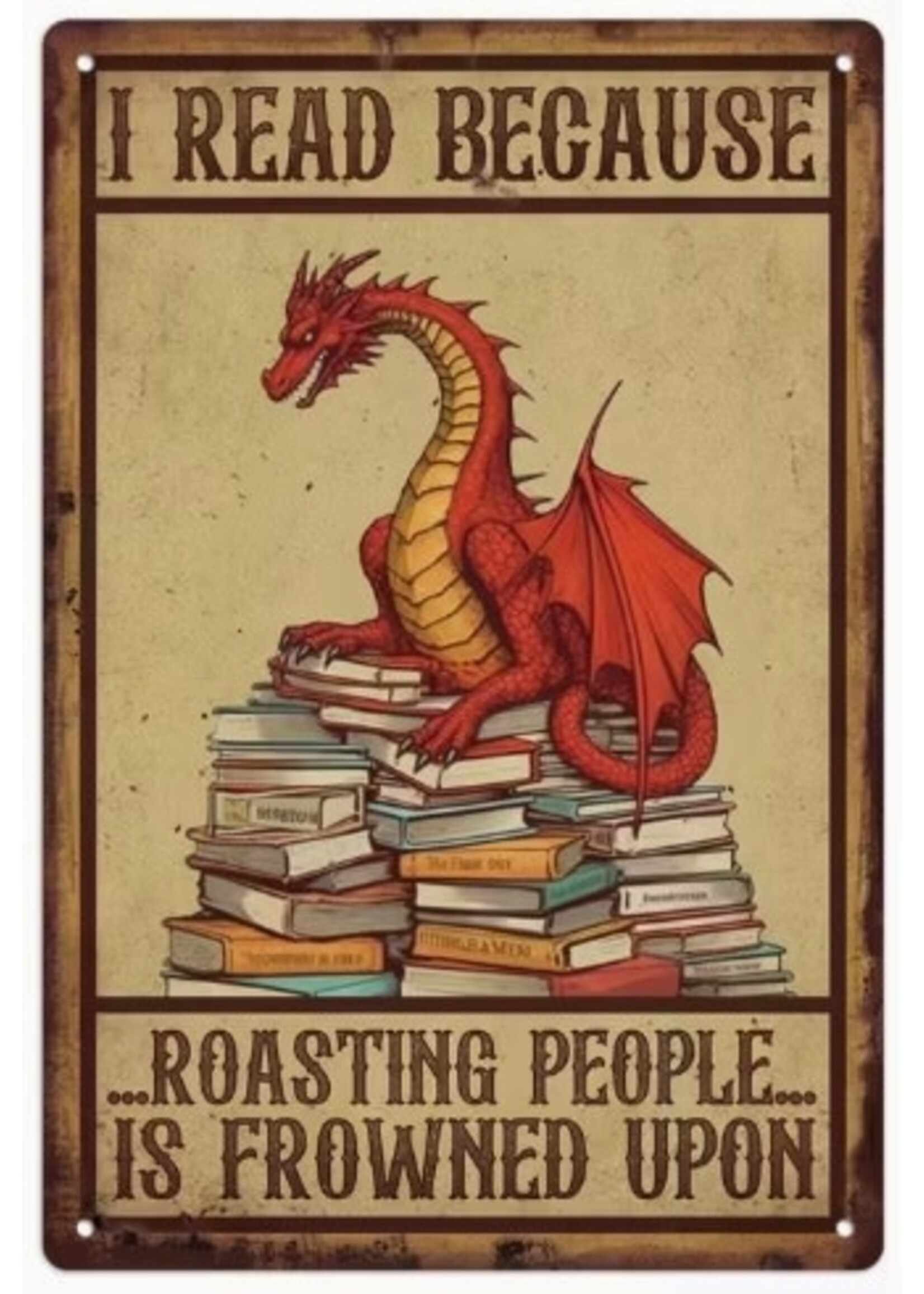 Metal Wall Sign 8x12 Inch Reading Dragon