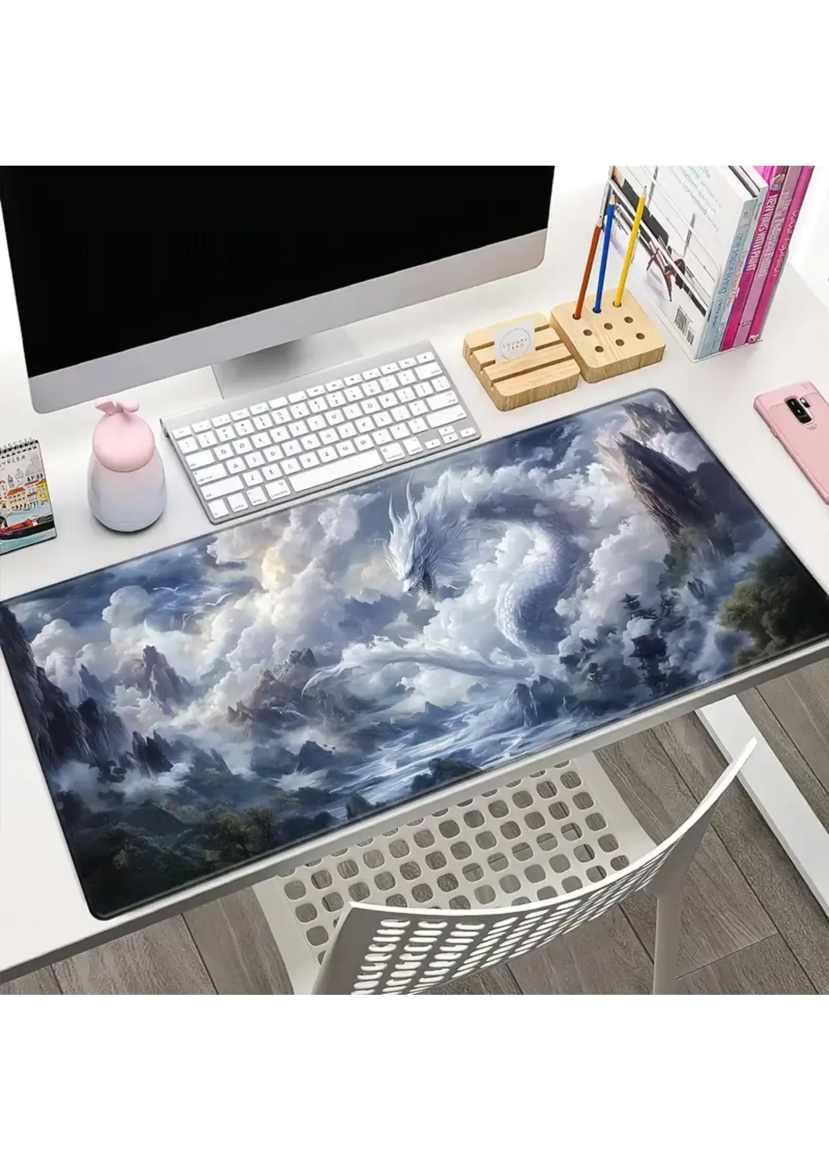 Mouse Pad 35x16 Inch White Dragon