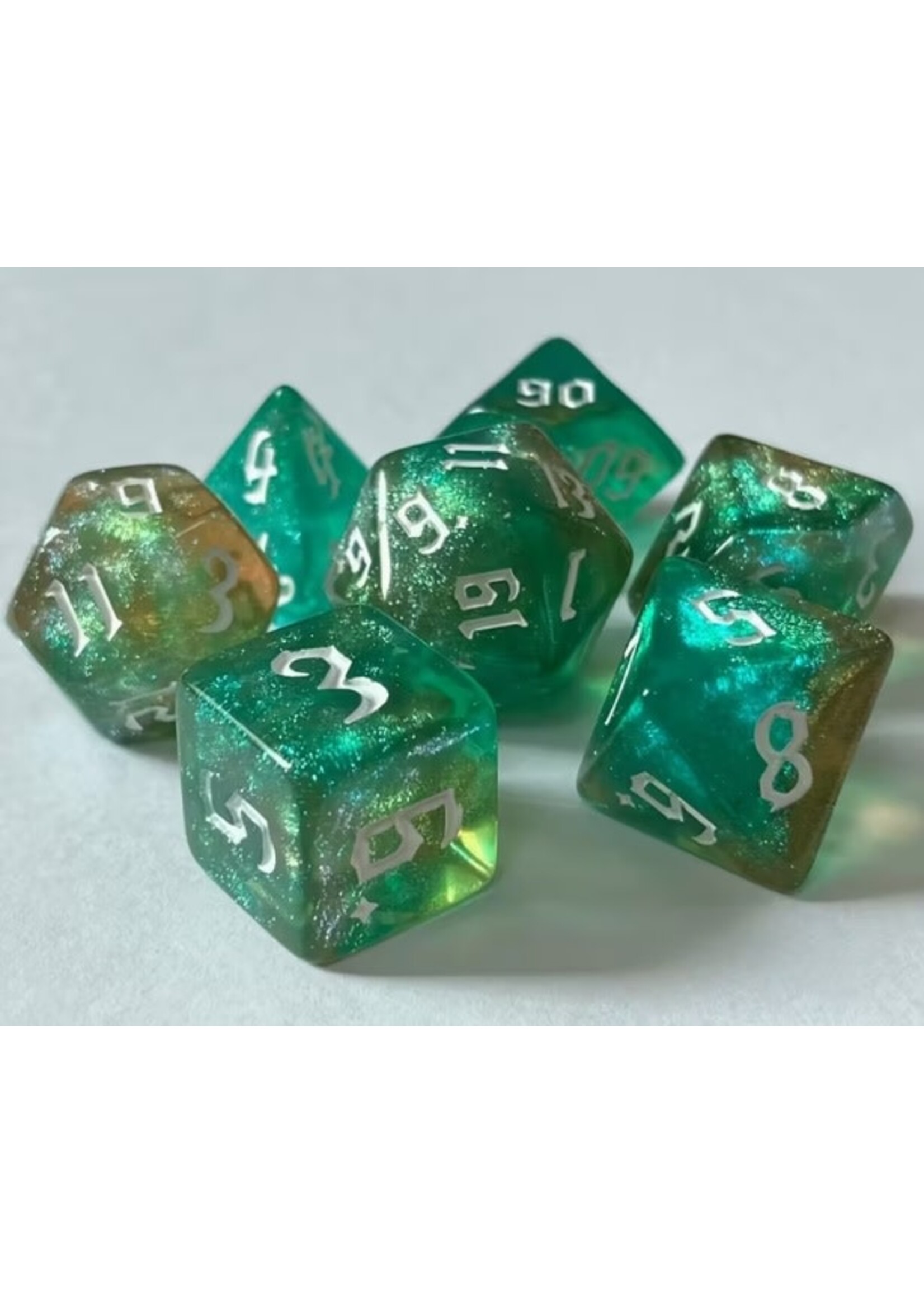 Dice RPG 7pc Glitter Green-Golden