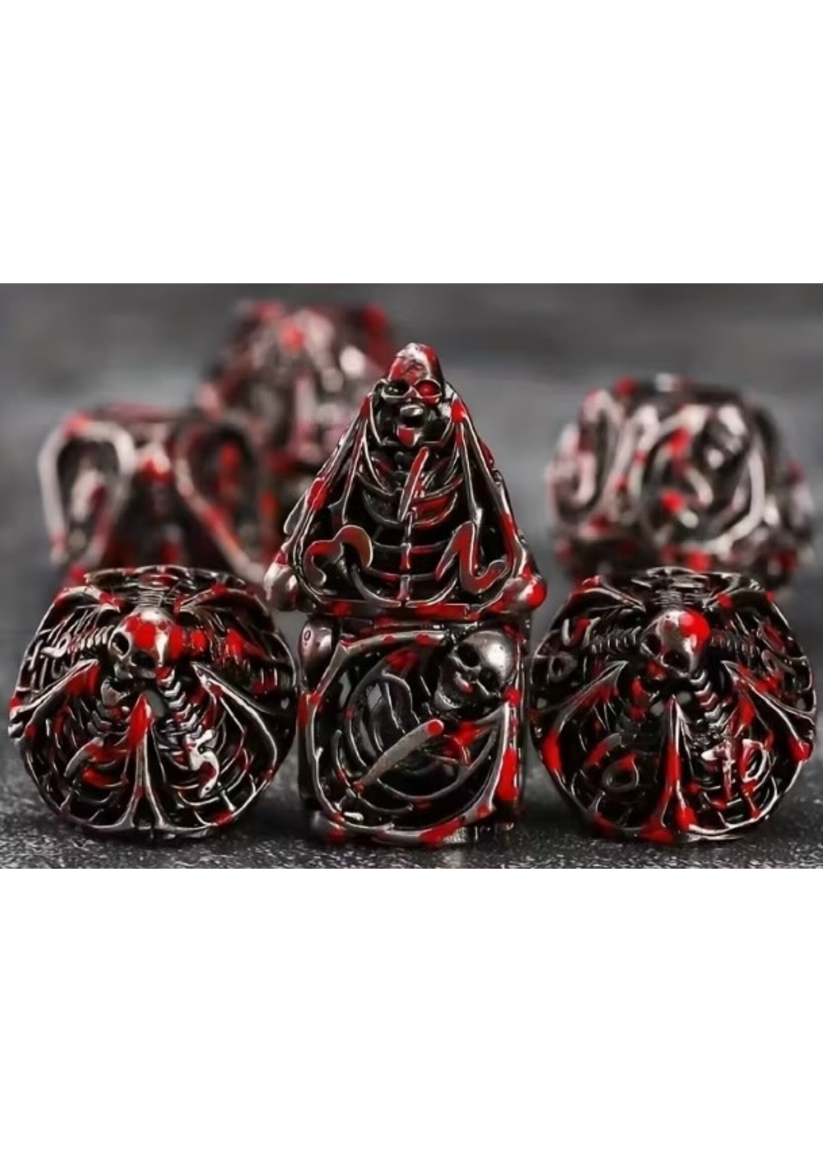 Dice RPG 7pc Hollow Metal Silver Gray with Blood