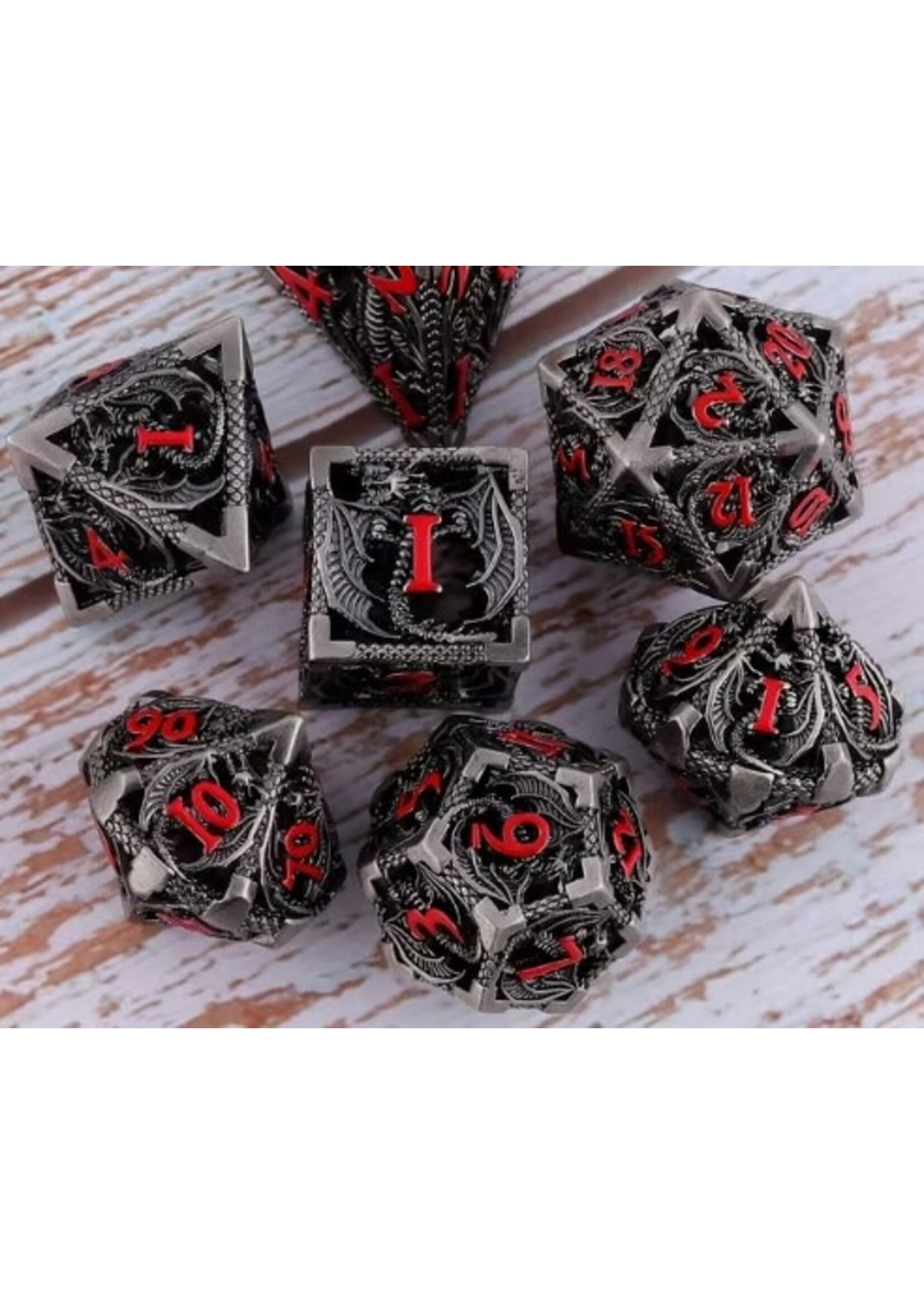 Dice RPG 7pc Hollow Metal Cthulhu Ancient Silver & Red