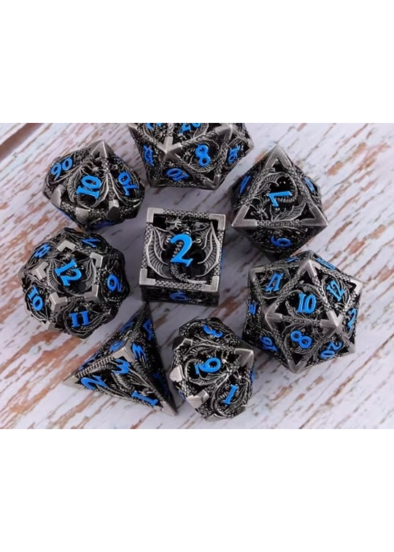 Dice RPG 7pc Hollow Metal Cthulhu Ancient Silver & Blue