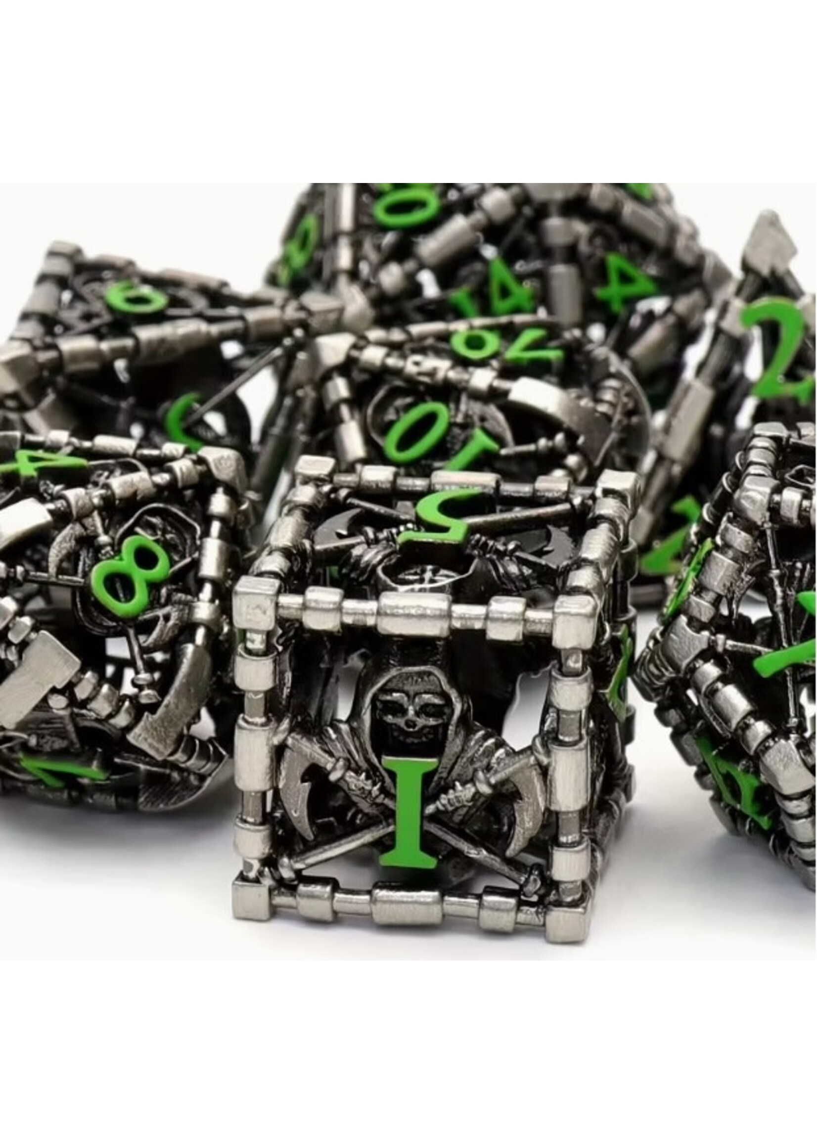 Dice RPG 7pc Hollow Metal Reaper Ancient Nickel and Green