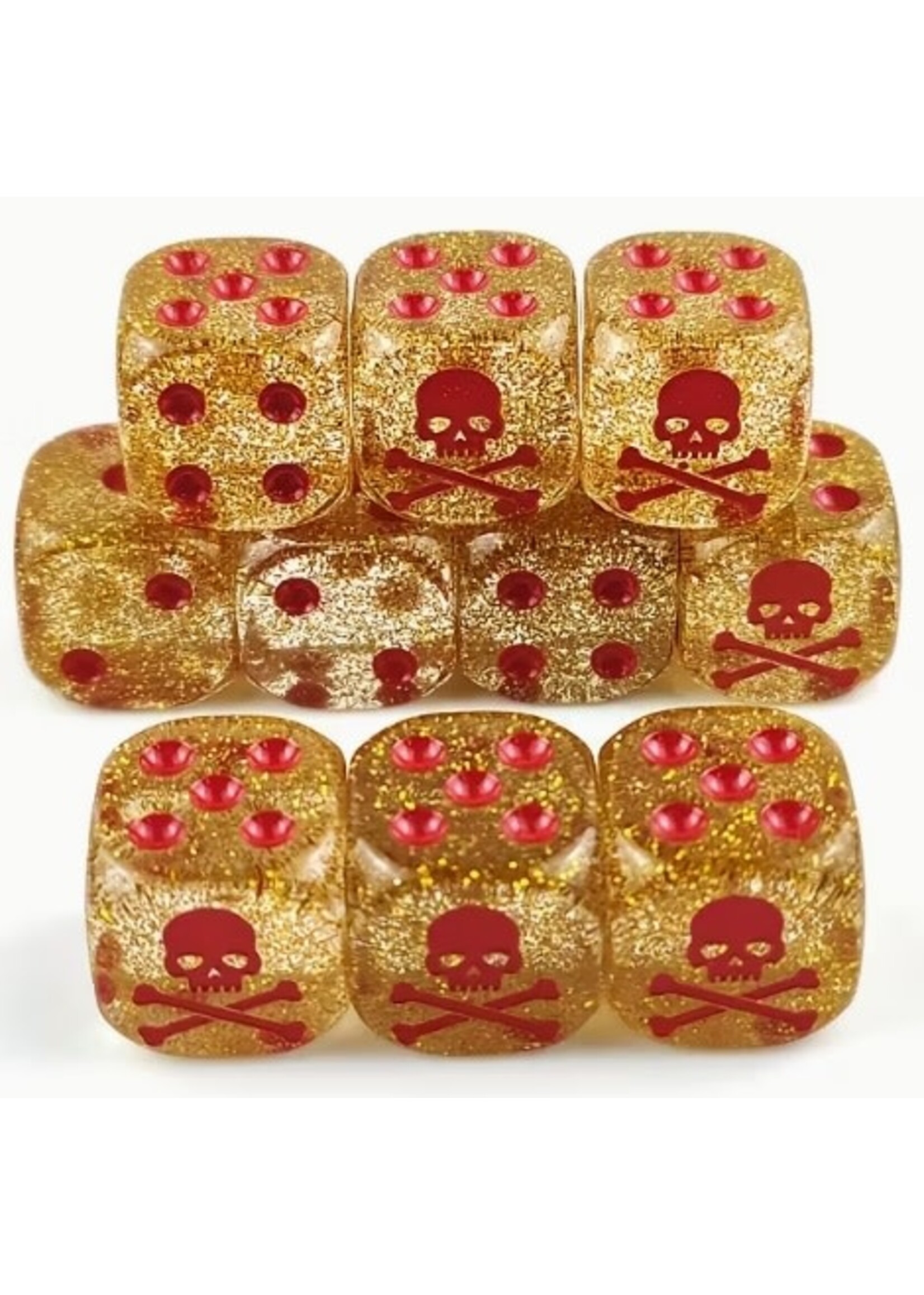 Dice 16mm 12pc Glitter Yellow & Red Pirate Skull