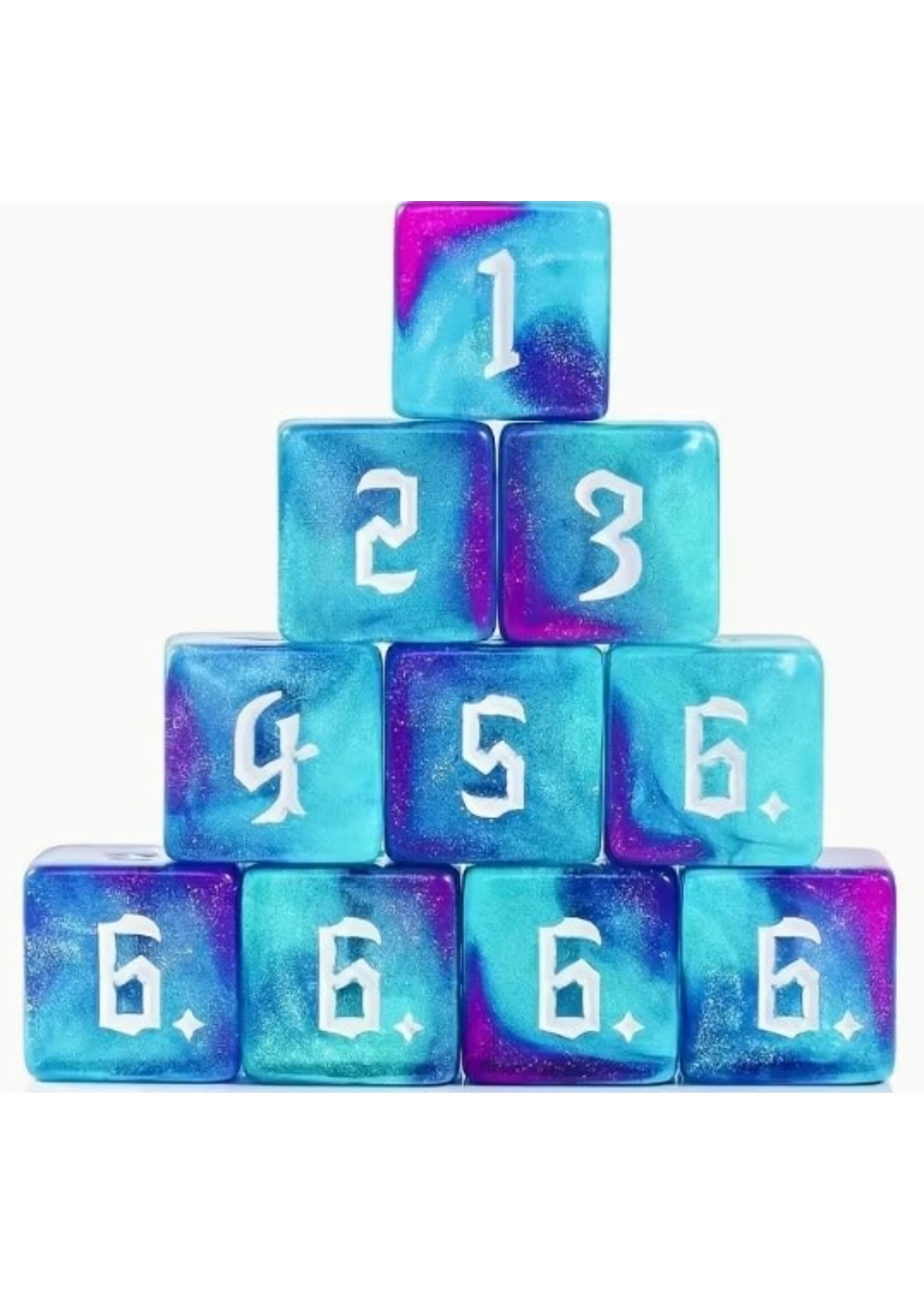 Dice 16mm 10pc Gliter Blue & Green with Numbers