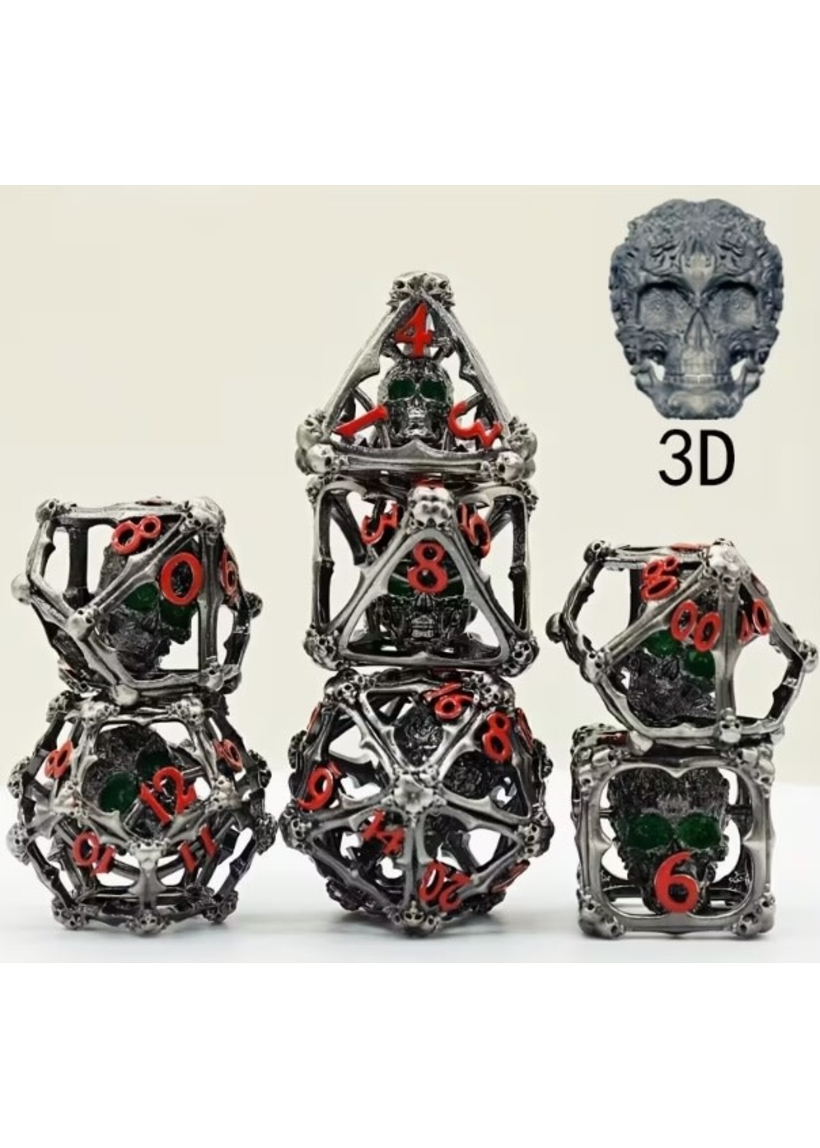 Dice RPG 7pc Hollow Metal Skull Black Nickel with Red