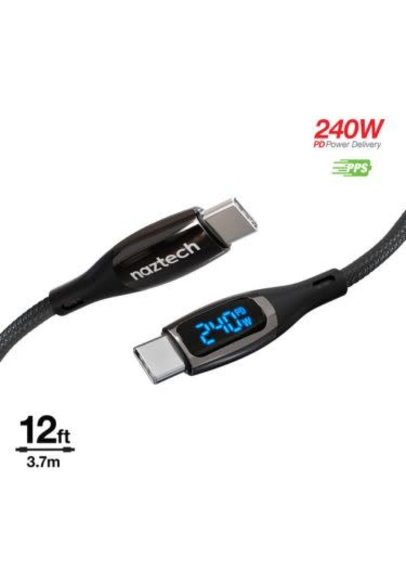 Naztech Naztech Charge & Sync USB-C to USB-C 240W DigiWatt Fast Charge Cable with LED Power Display 12ft