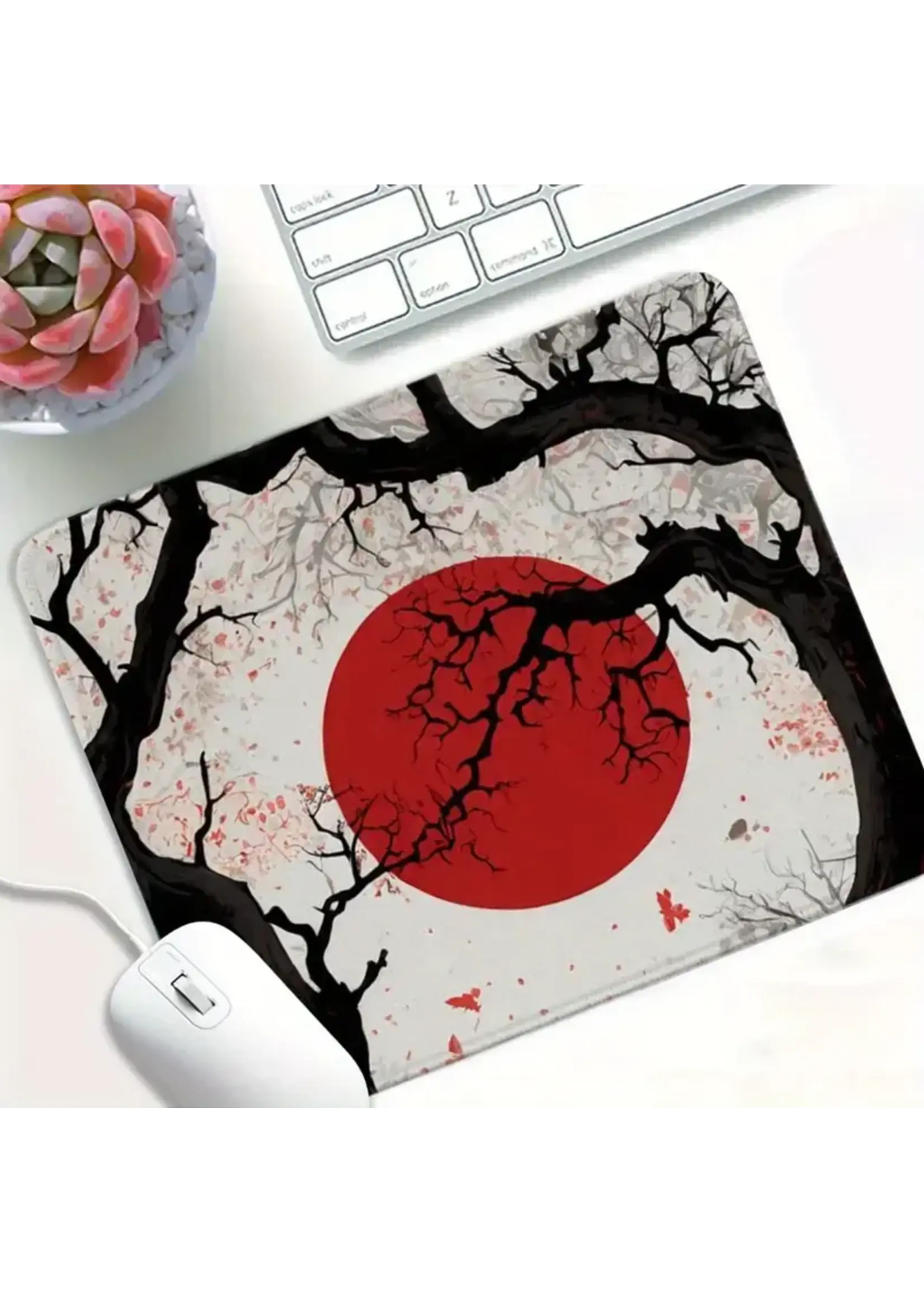Mouse Pad 8x10 Inch Black & White Cherry Blossom with Red Sun