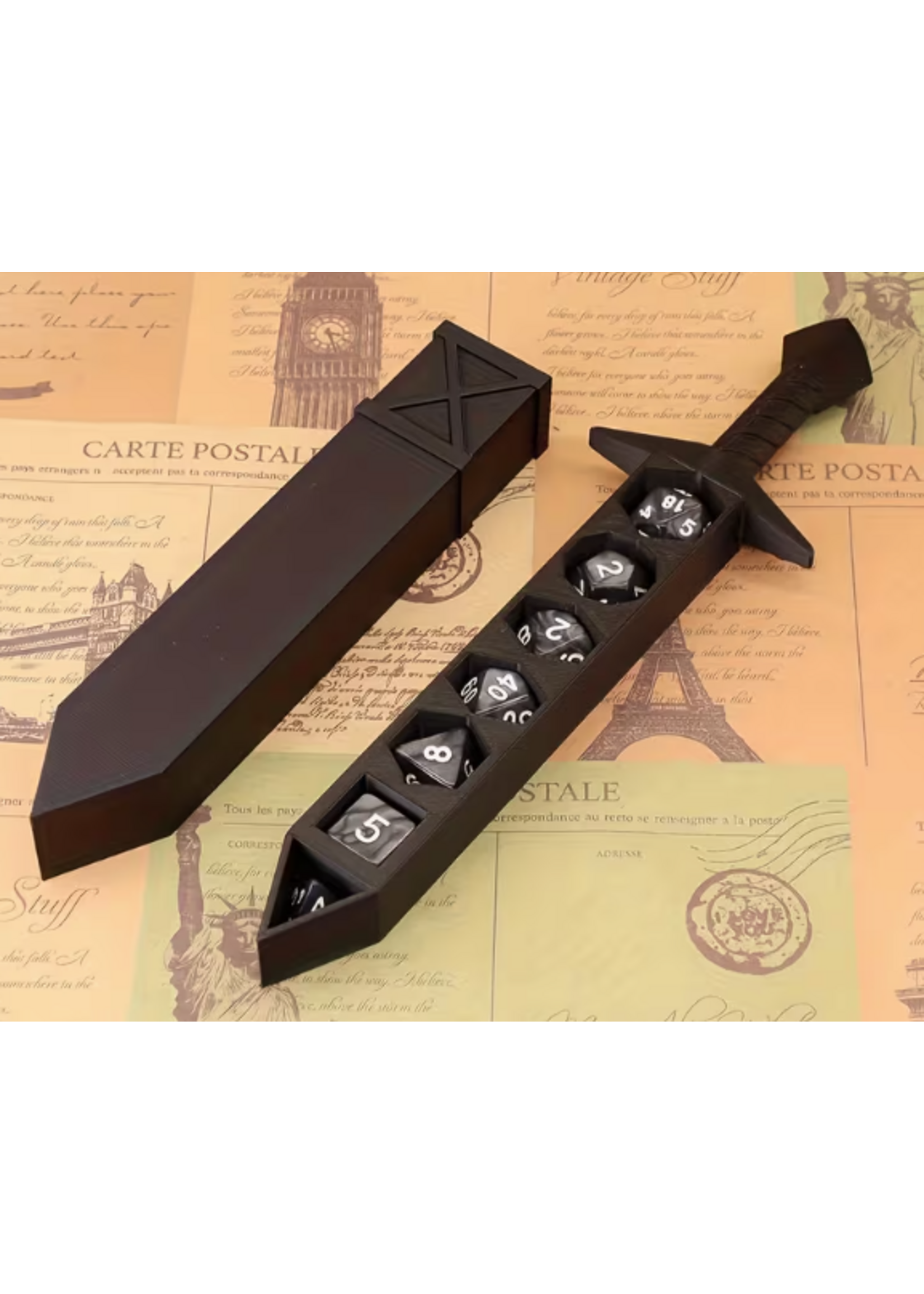 Dice RPG 7pc Black with Sword Storage Case