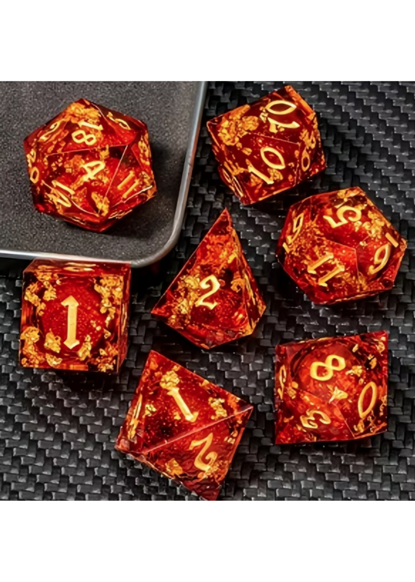 Dice RPG 7pc Resin Liquid Core Golden Foil Red Quicksand