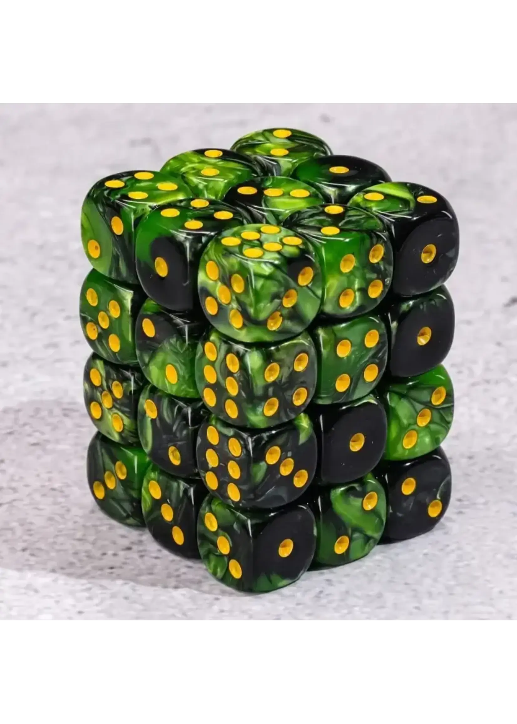 Dice 12mm 36pc Green Black Gold