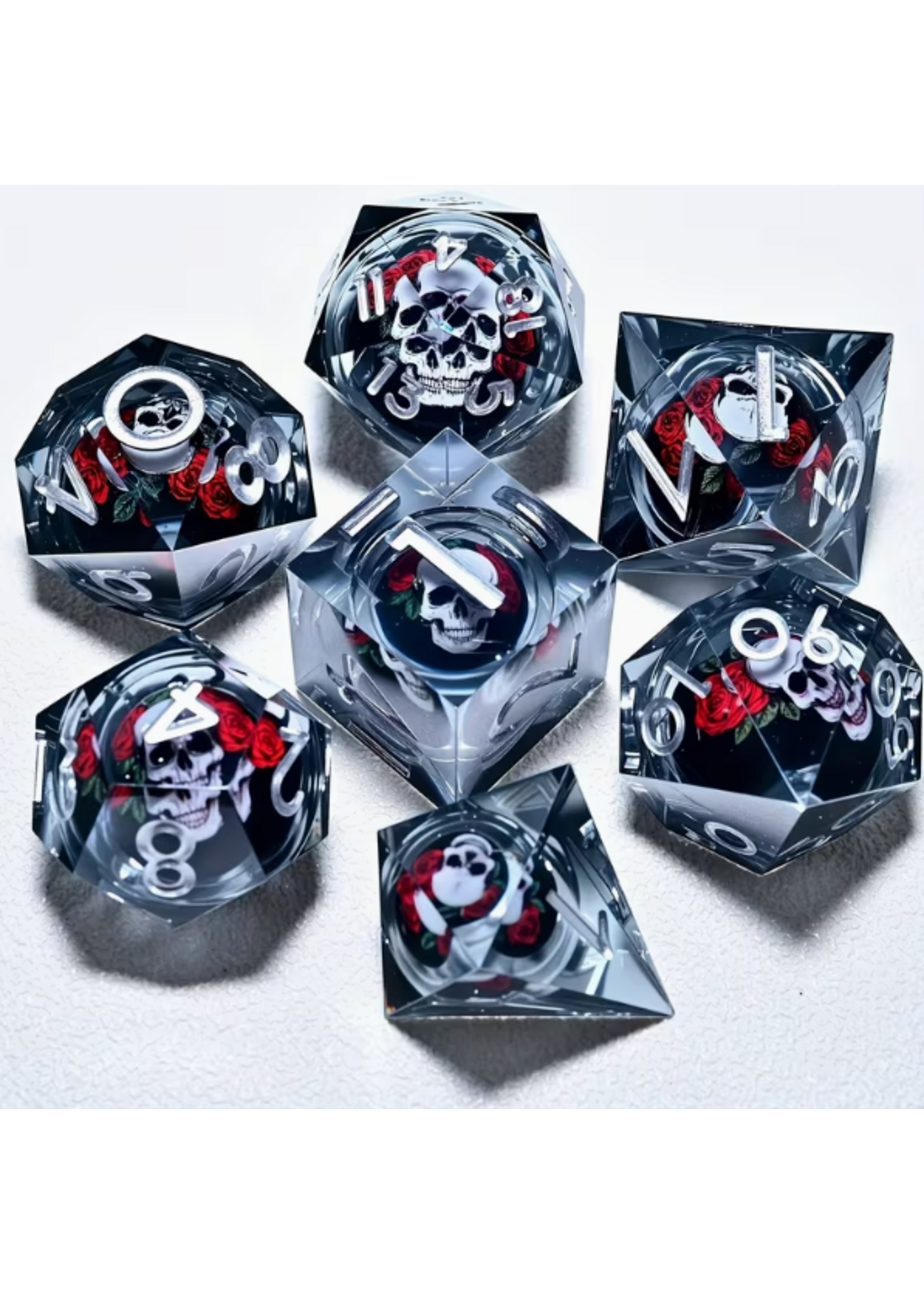 Dice RPG 7pc Resin Black Rose Skull