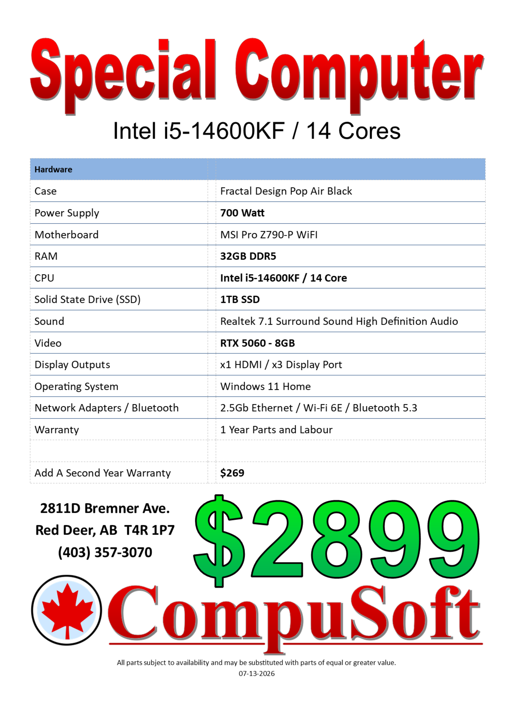 CompuSoft CS33697 Special Computer System (i5-14600KF RTX 5060)