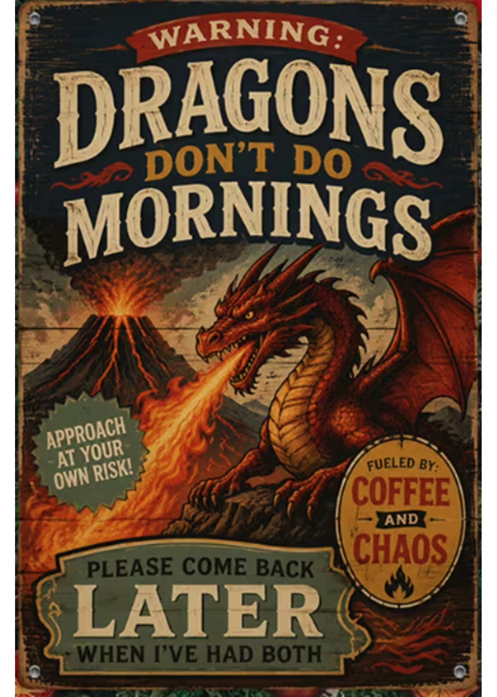 Metal Wall Sign 8x12 Inch Warning Dragons Don't Do Mornings