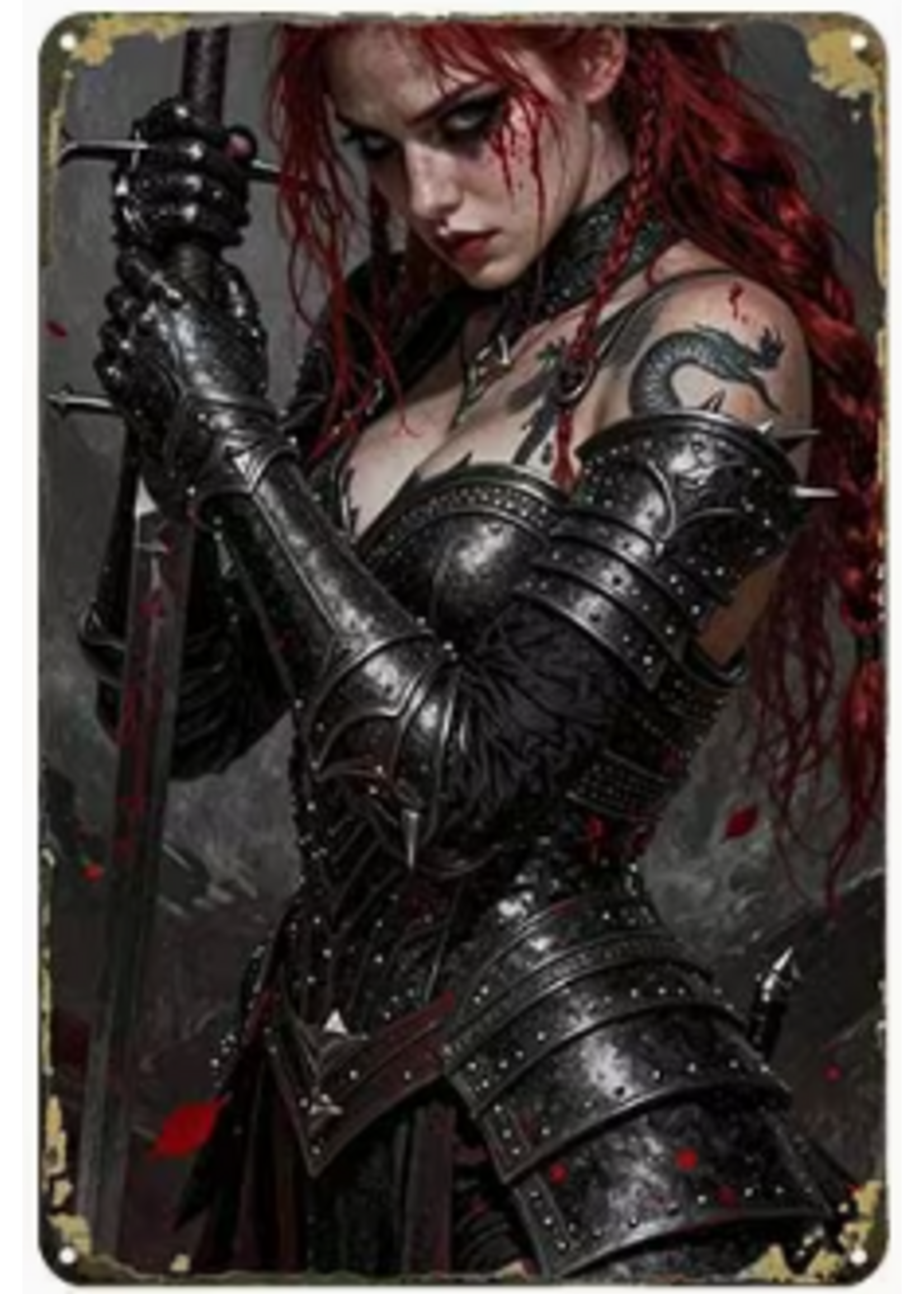 Metal Wall Sign 8x12 Inch Female Warrior with Sword