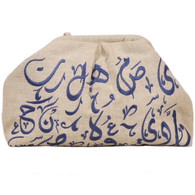 CITY & SEA Blue Embroidered Calligraphy Off-White Clutch