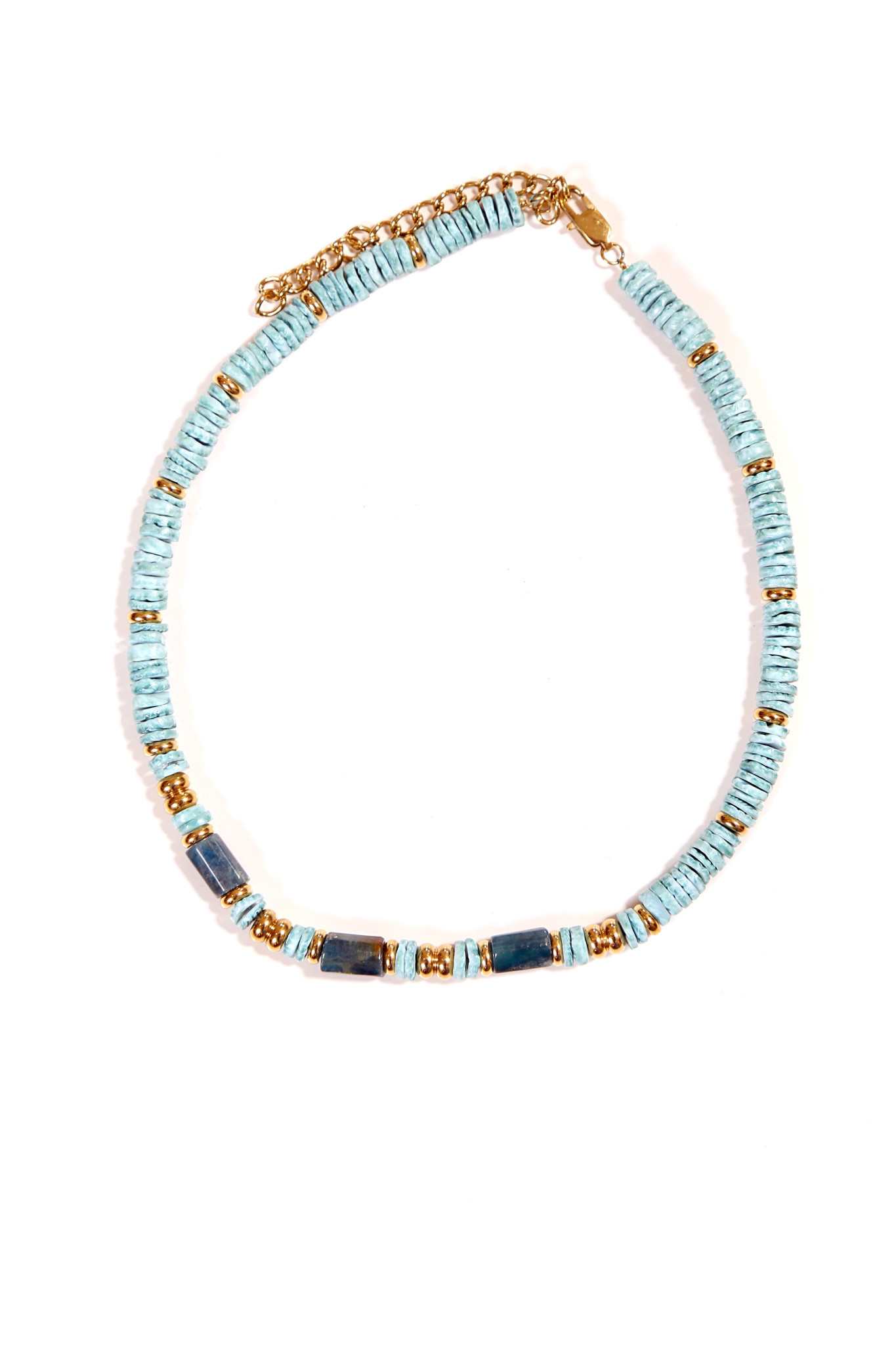 FEATHERLIGHT Blue Heishi Beads Necklace with Gold Details