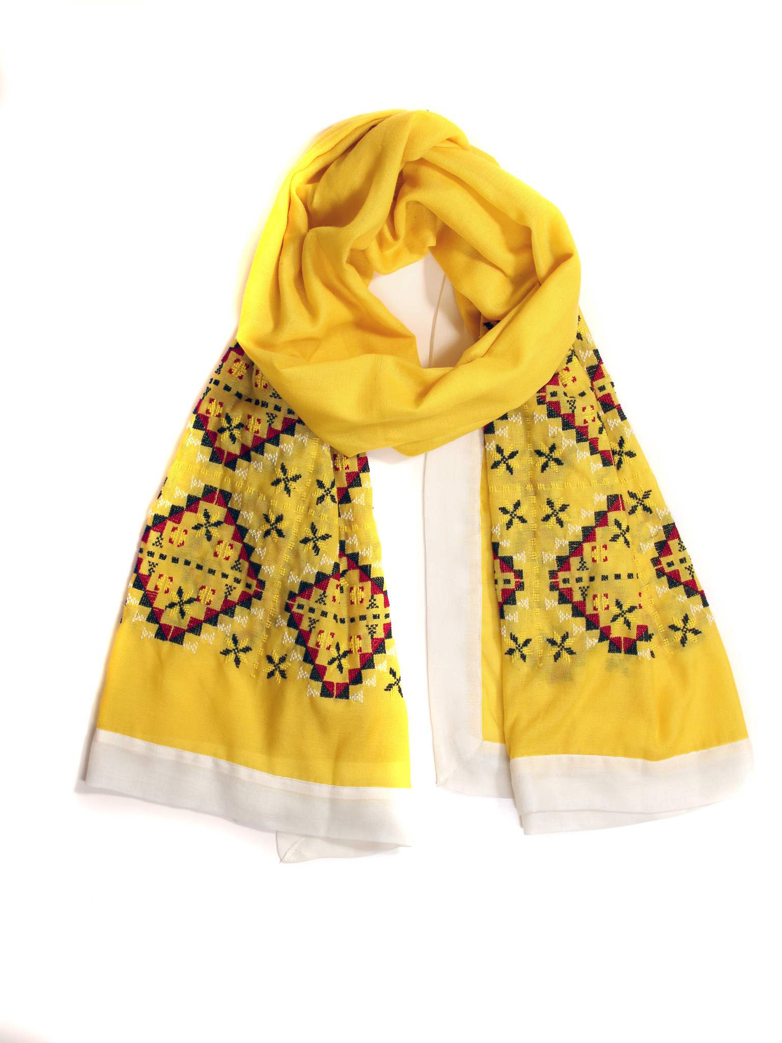 MANSU EMBROIDERY Mansu Yellow Shawl with Red, White and Green Hand Embroidery