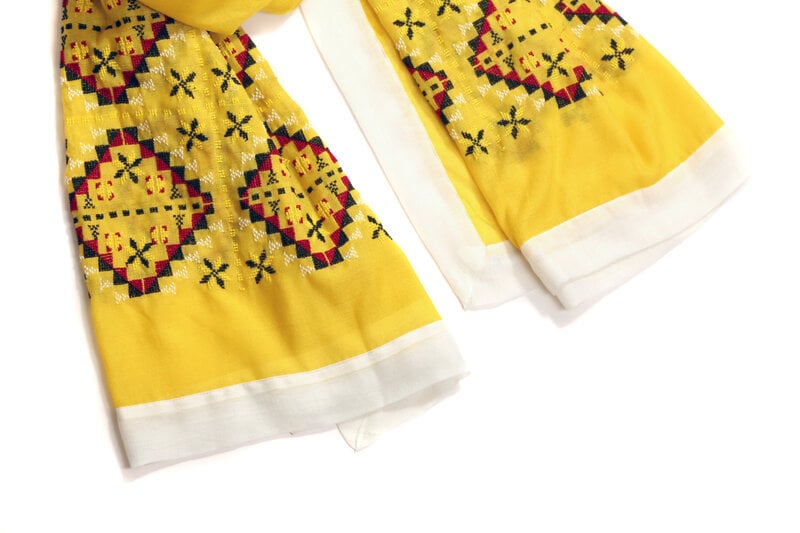 MANSU EMBROIDERY Mansu Yellow Shawl with Red, White and Green Hand Embroidery