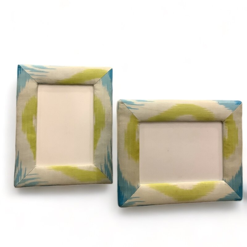 SAMAR AL HUSSEINI Ikat Fabric Photo Frame Light Blue and Lime - Set of 2