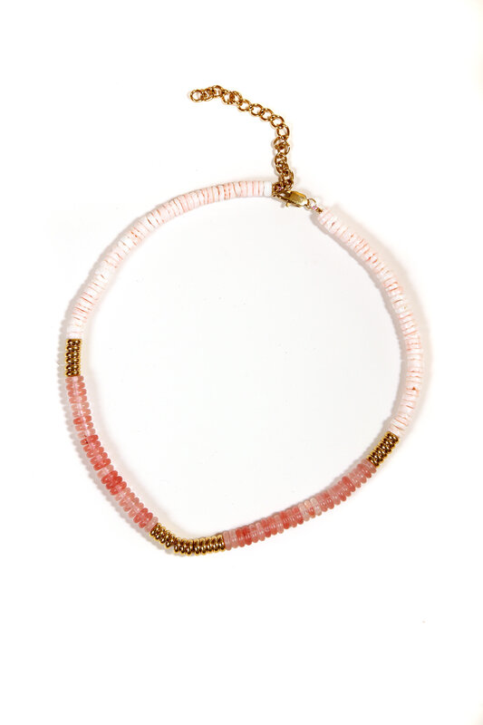 FEATHERLIGHT Pink Heishi Beads Necklace with Gold Details