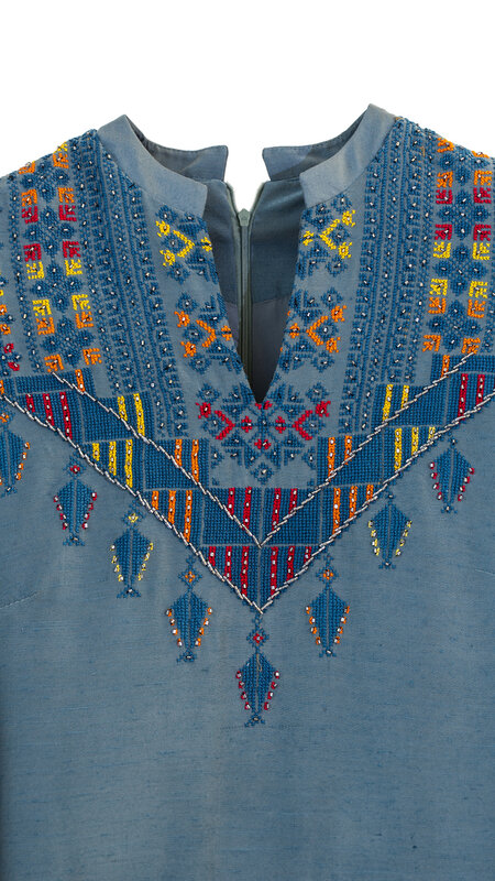 EMAN ALAHMAD Blue Italian Silk Thoub with Yellow, Orange and Fuchsia Embroidery