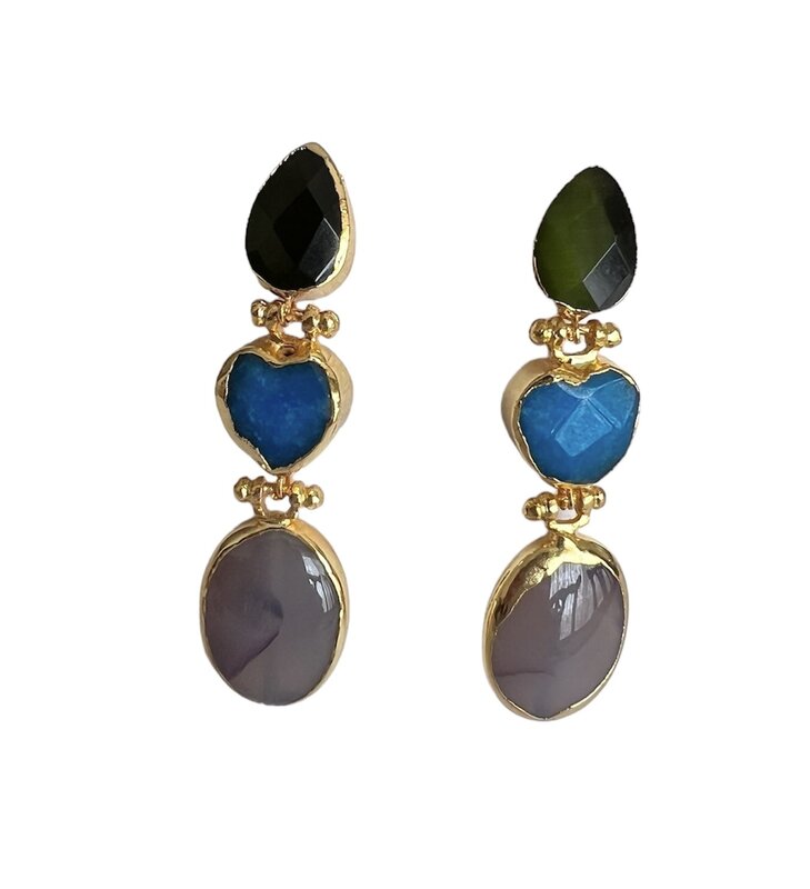 SUHA DESIGN Heart shaped Gold Plated Earrings with Blue amazonite, Green Jade and amethyst stones