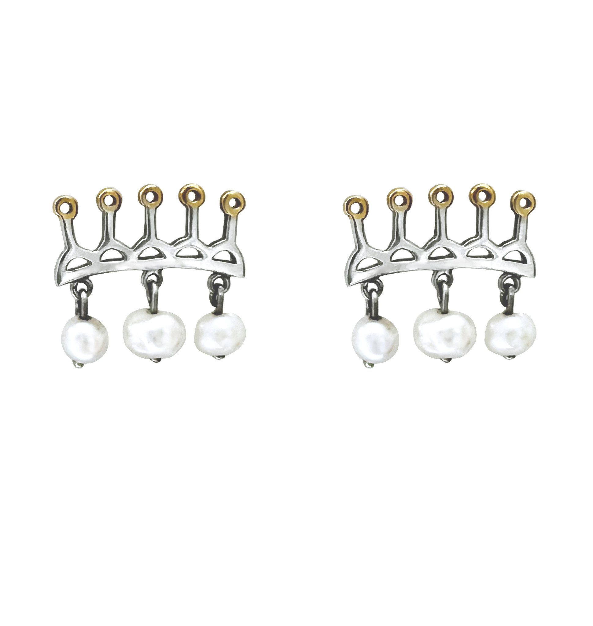 DANA ROUSAN Silver Yellow Gold Plated Crown Earrings with 3 Cultured Pearls