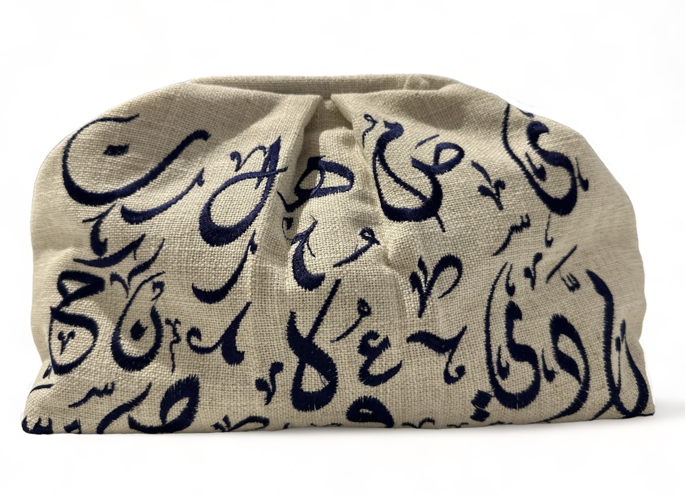 CITY & SEA Navy Blue Embroidered Calligraphy Off-White Clutch