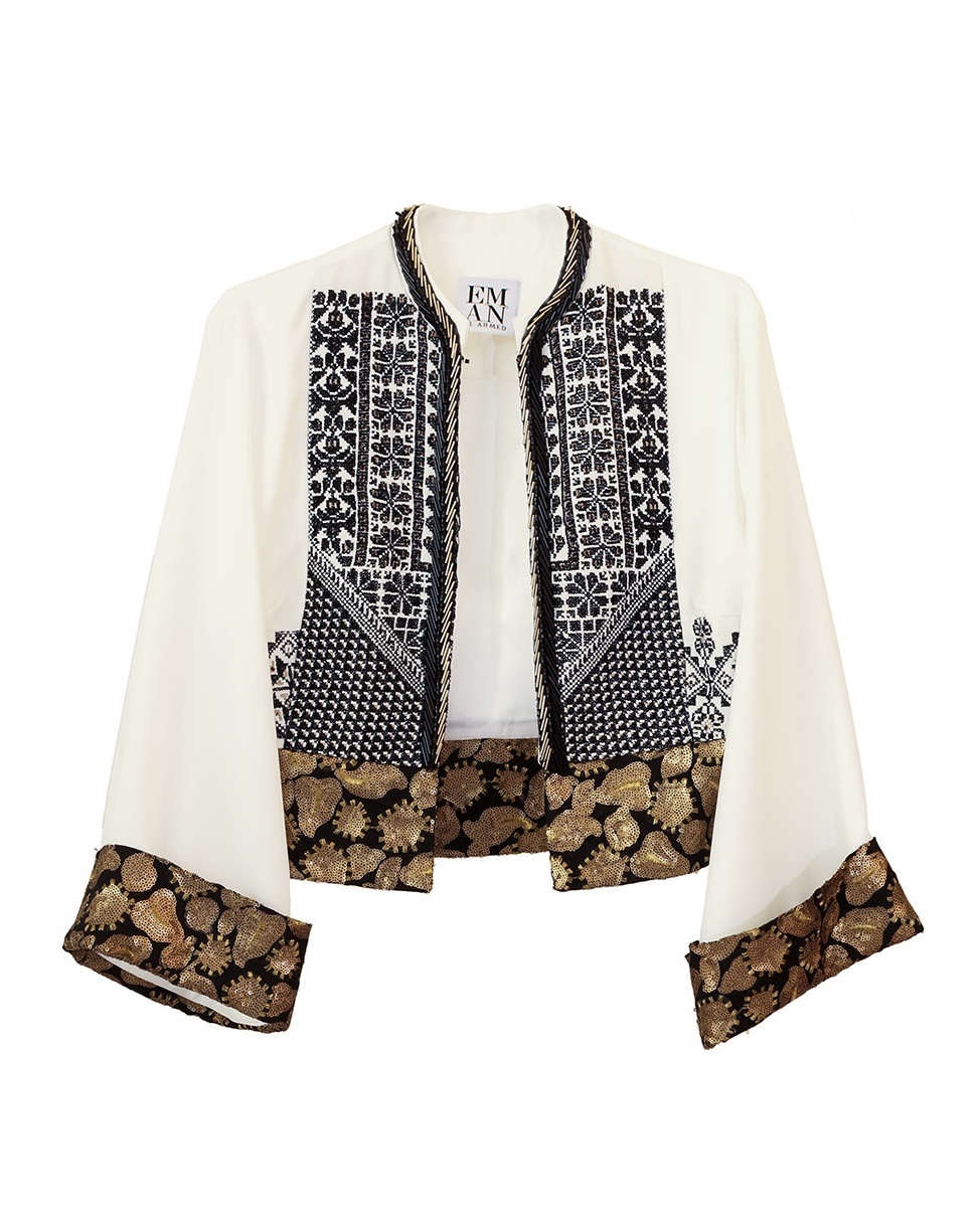 EMAN ALAHMAD White Jacket with Black and Gold Details