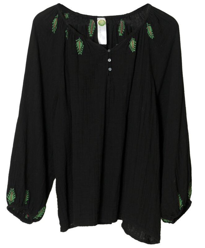 HIND MADE Black Cotton Shirt with Hand-Stitched Green Leaves