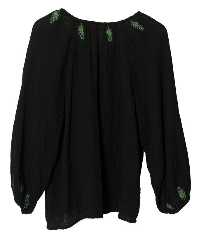 HIND MADE Black Cotton Shirt with Hand-Stitched Green Leaves