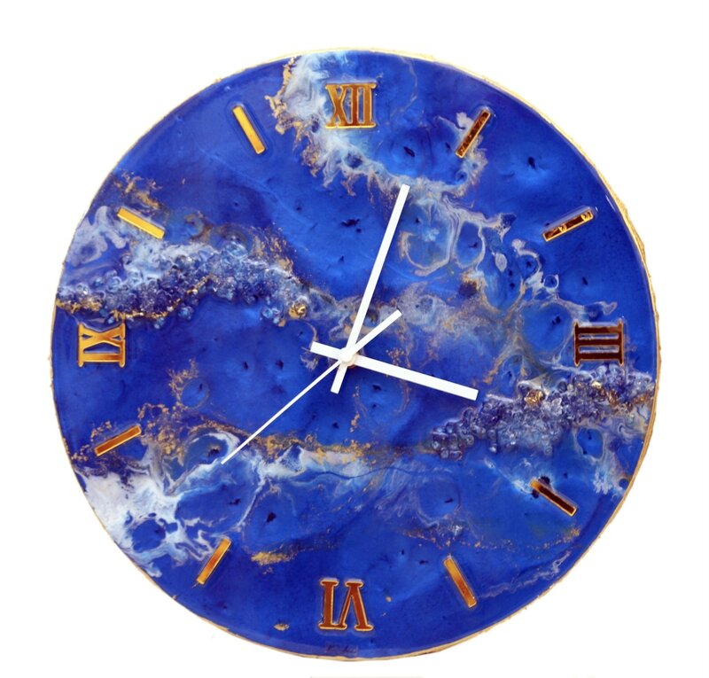 NOOR ALSABER ART Blue Marble Design Clock with Gold Details