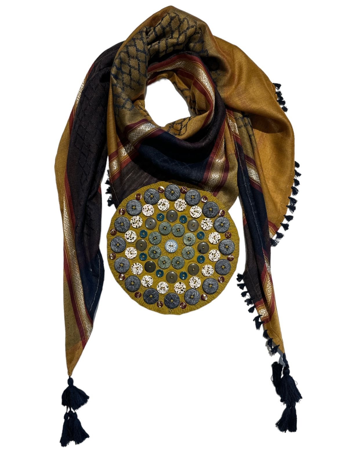 OLA'S GARDEN Royal Blue and Brown Scarf with Round Designs