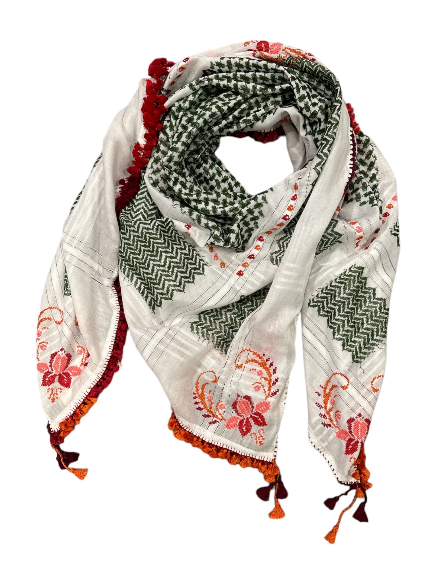 MANSU EMBROIDERY White and Green Hattah Scarf with Hand Embroidery and Red tassels