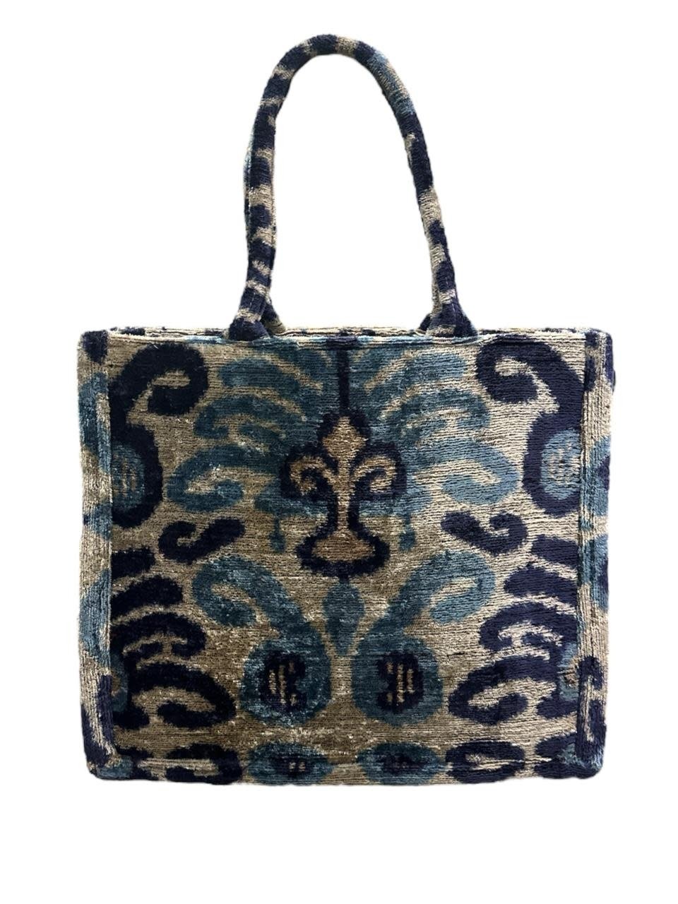 ALKUTBIA Shades of Blue Velvet Silk Ikat Tote Bag