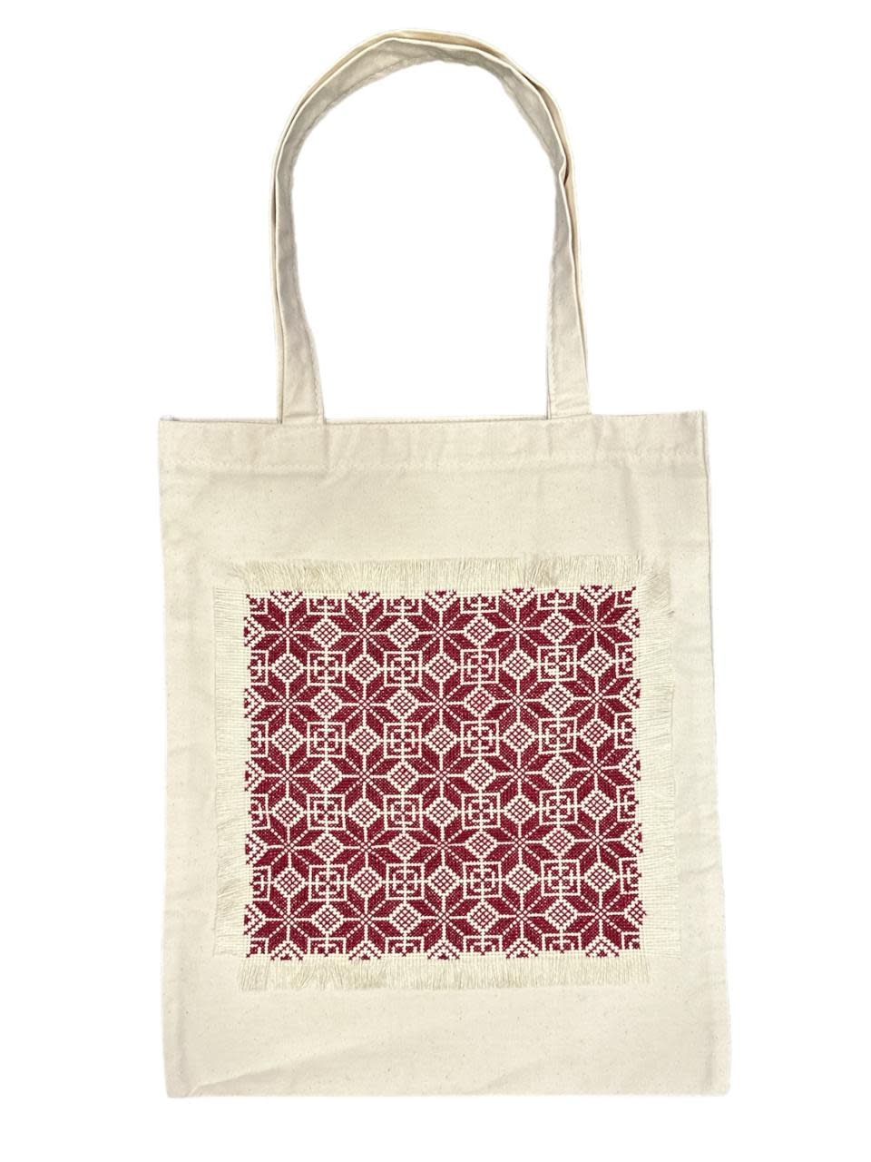 KHEETAN Beige Tote Bag with Burgundy Palestinian Embroidery