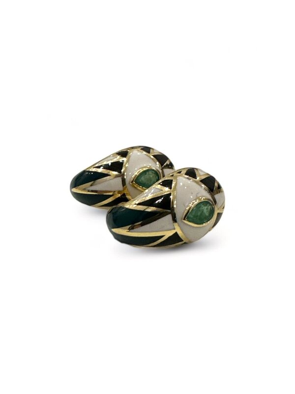 YOLA JAHSHAN Emerald Earrings with Black, white & green enamel