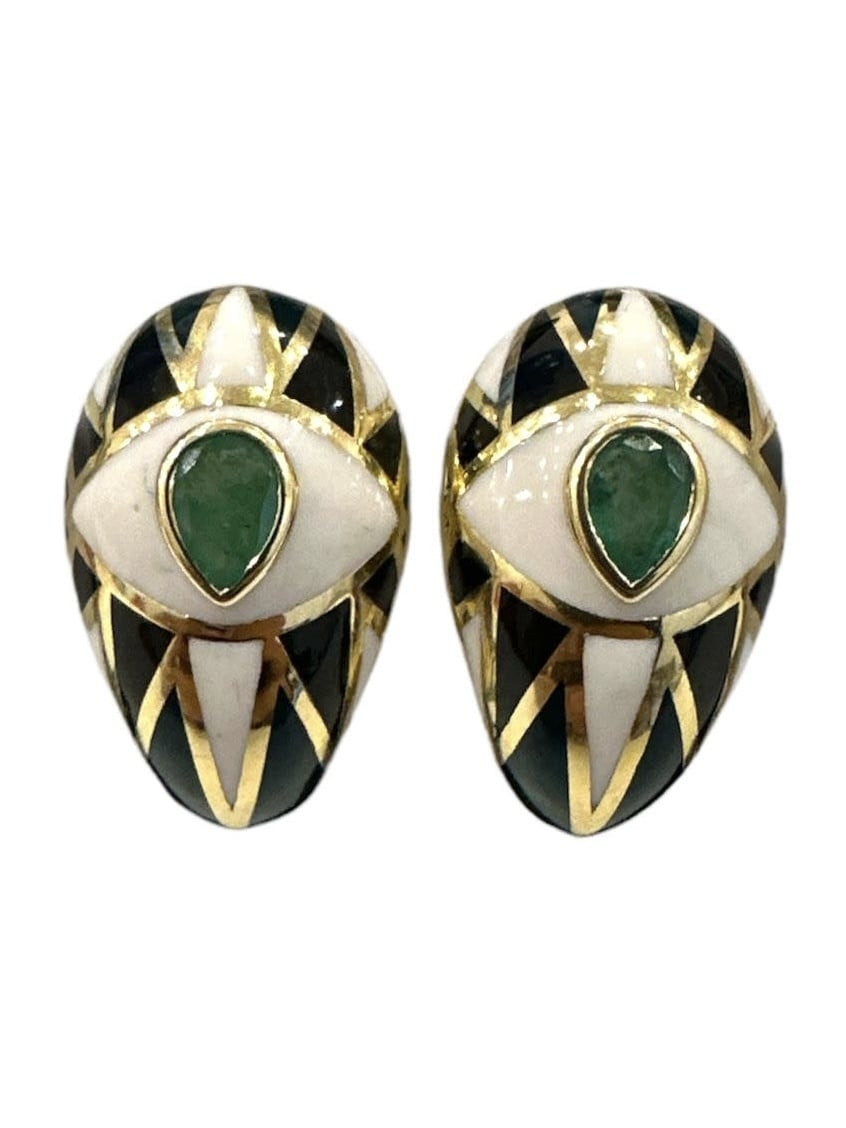 YOLA JAHSHAN Emerald Earrings with Black, white & green enamel