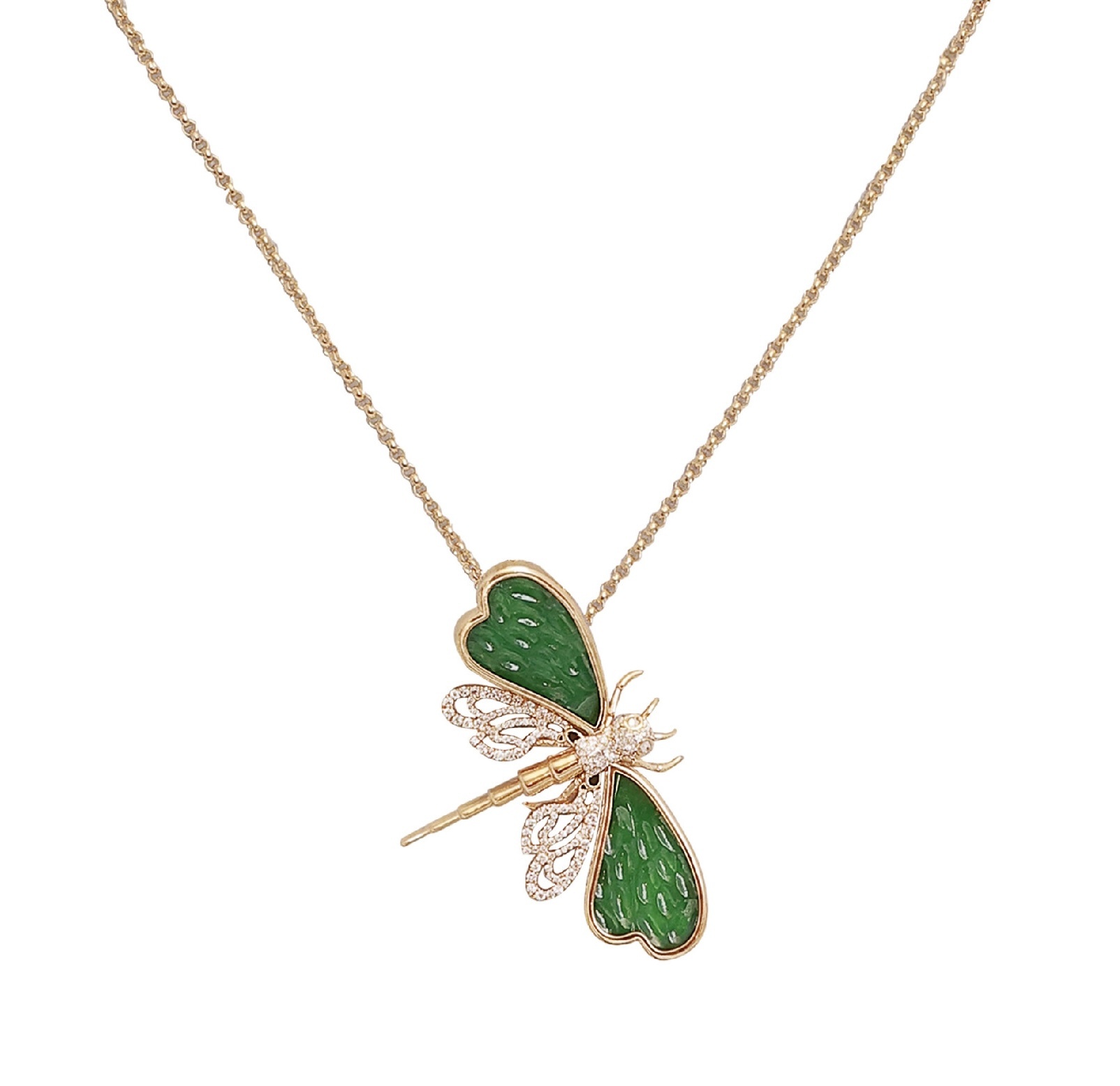 JOHN NAJARIAN Gold Necklace with Jadeite and Diamond Dragon Fly Pendant