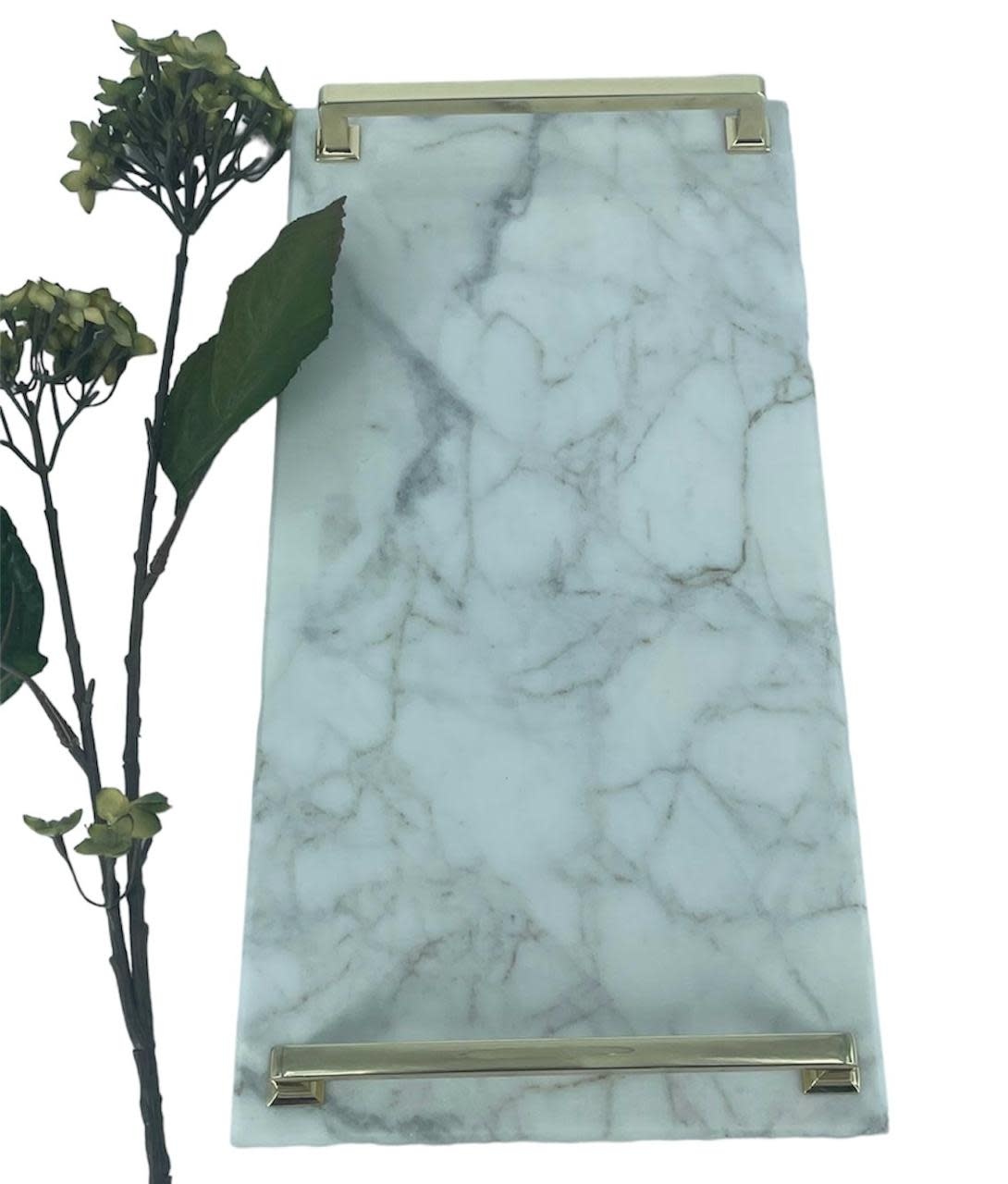 SAMZMARBLE White Marble Tray with Gold Handles