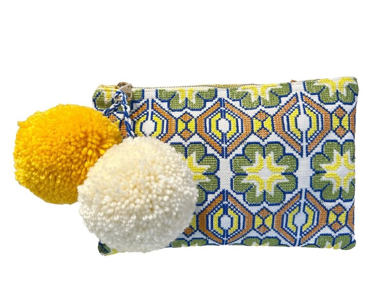 BASMA COLLECTION Green, Yellow & Blue Hand Embroidered Clutch Bag with Pompoms