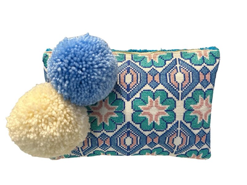 BASMA COLLECTION Blue & Pink Hand Embroidered Clutch Bag with Pompoms