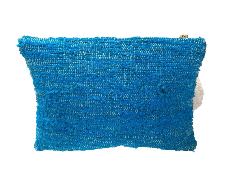 BASMA COLLECTION Blue & Pink Hand Embroidered Clutch Bag with Pompoms