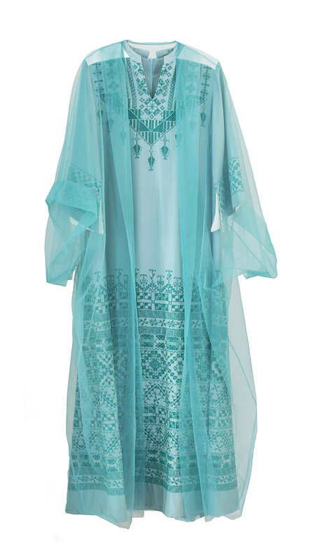 EMAN ALAHMAD Baby Blue Italian Silk Thoub with Blue Embroidery and Chiffon